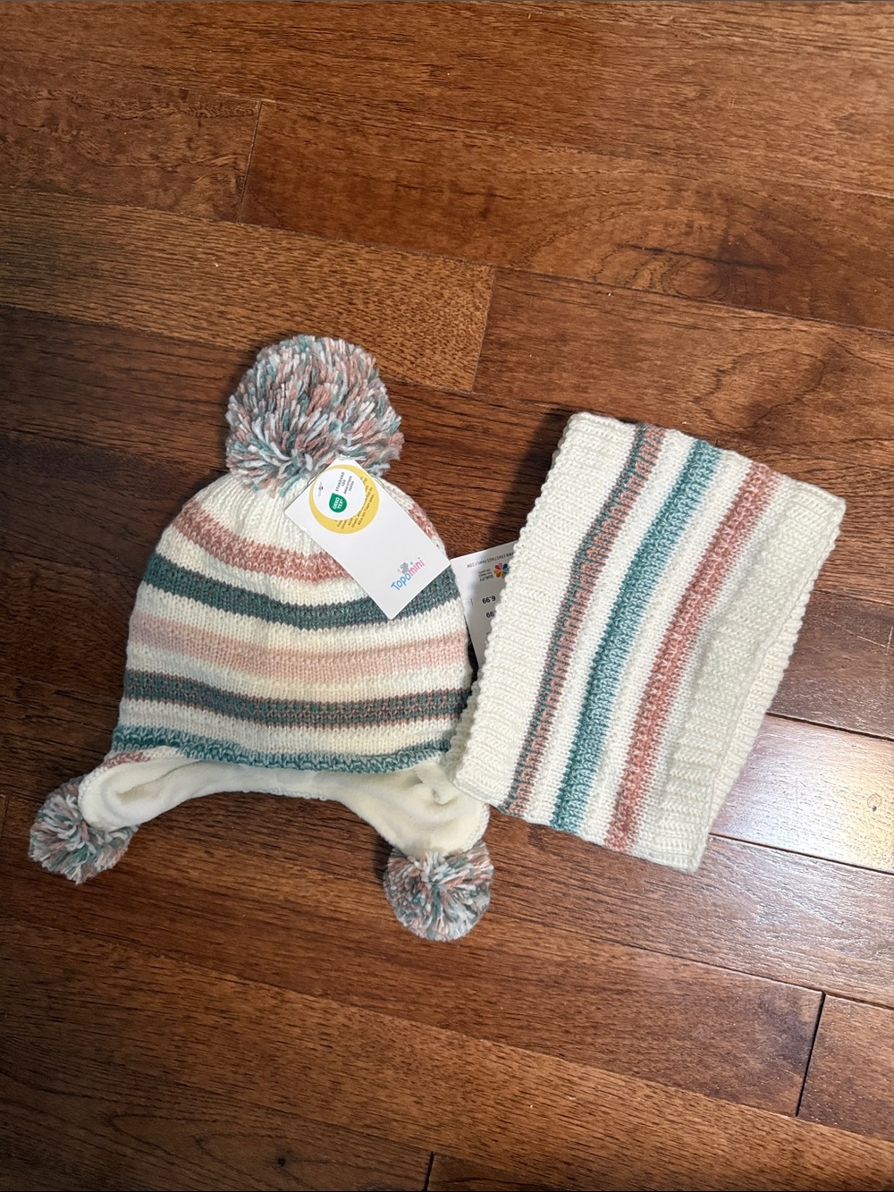 Kids Striped Knit Pom-Pom Hat & Scarf Set - Cream, Teal & Dusty Rose